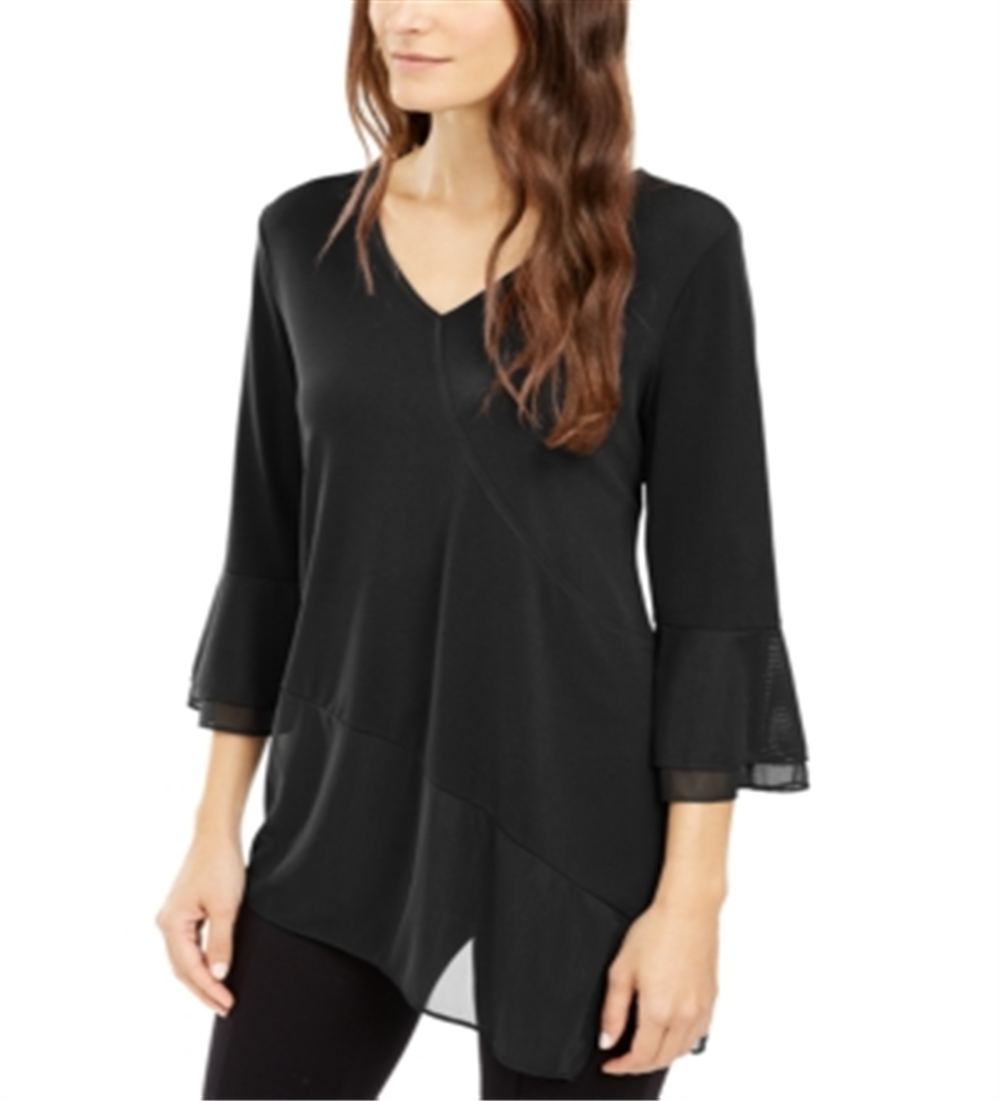 Alfani Women's V Neck Mesh Trim Top Black Size Large