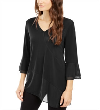 Alfani Women's V Neck Mesh Trim Top Black Size Large