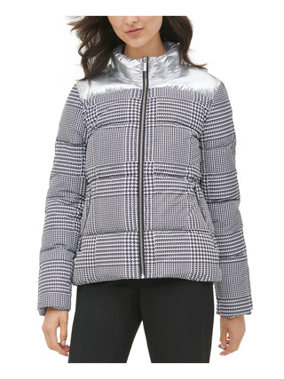 Calvin Klein Women's Houndstooth Print Metallic Trim Puffer Jacket Grey Size Small