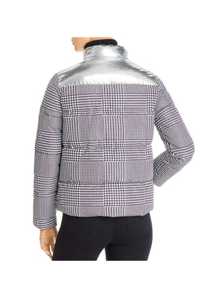 Calvin Klein Women's Houndstooth Print Metallic Trim Puffer Jacket Grey Size Small