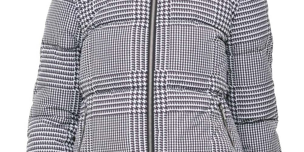 Calvin Klein Women's Houndstooth Print Metallic Trim Puffer Jacket Grey Size Small