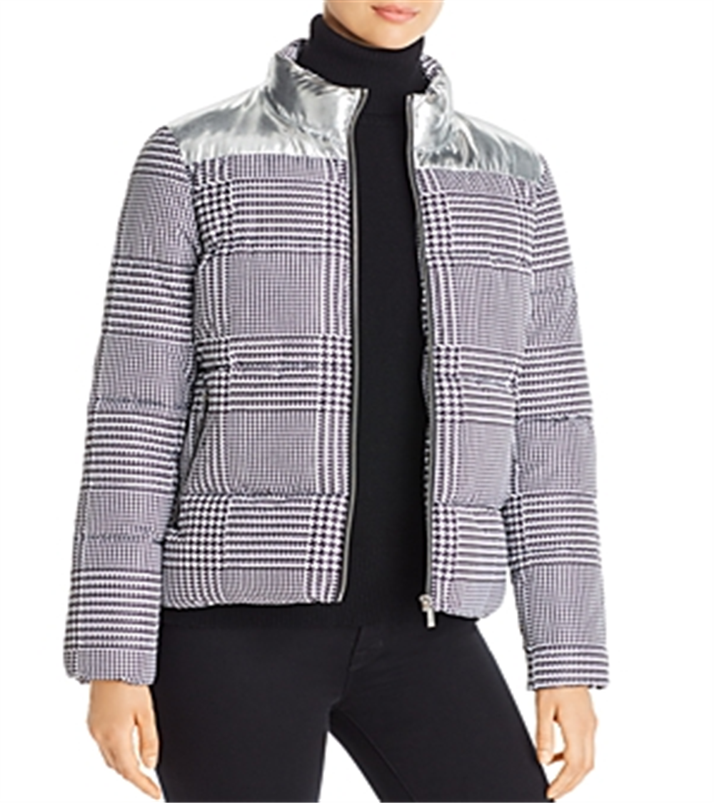 Calvin Klein Women's Houndstooth Print Metallic Trim Puffer Jacket Grey Size Small