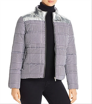 Calvin Klein Women's Houndstooth Print Metallic Trim Puffer Jacket Grey Size Small