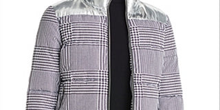 Calvin Klein Women's Houndstooth Print Metallic Trim Puffer Jacket Grey Size Small