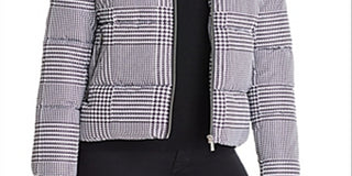 Calvin Klein Women's Houndstooth Print Metallic Trim Puffer Jacket Grey Size Small