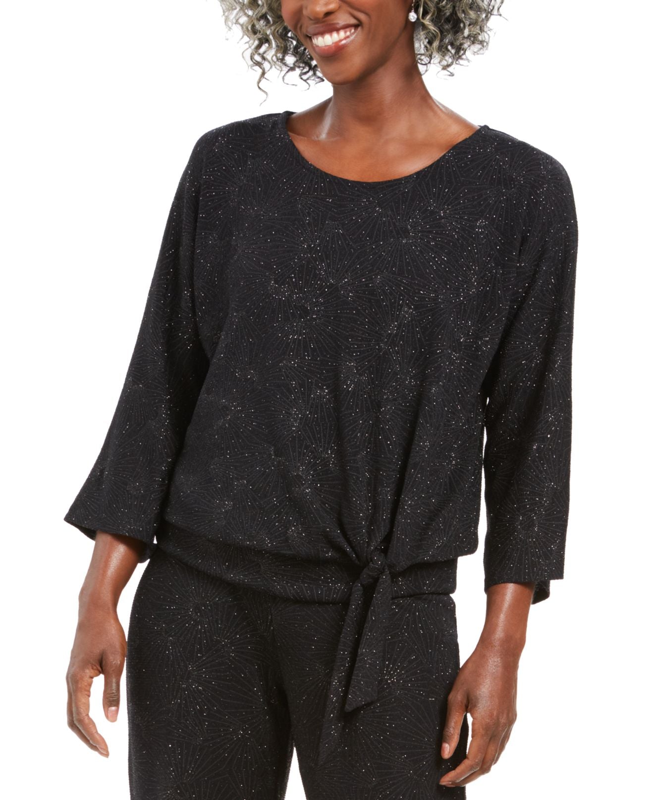 JM Collection Women's Front Glitter Print Blouse Black Size Small