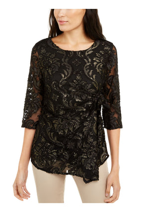 Alfani Women's Textured Patterned 3/4 Sleeve Jewel Neck Top Black Size Large