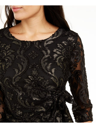 Alfani Women's Textured Patterned 3/4 Sleeve Jewel Neck Top Black Size Large