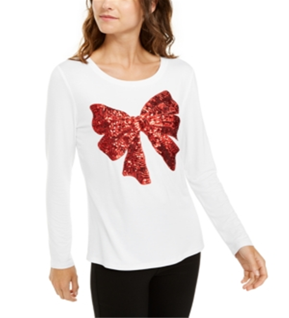 INC International Concepts Women's Sequin Bow Top White Size M