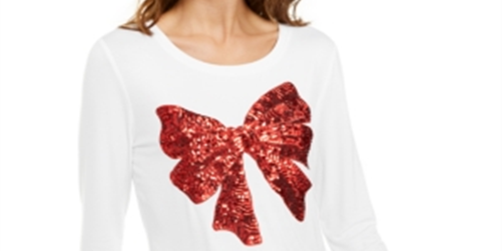 INC International Concepts Women's Sequin Bow Top White Size M