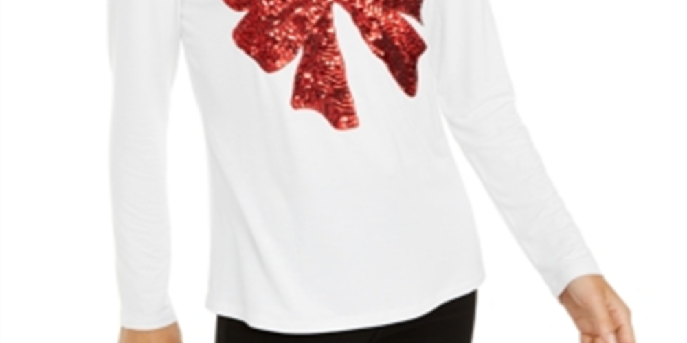 INC International Concepts Women's Sequin Bow Top White Size M