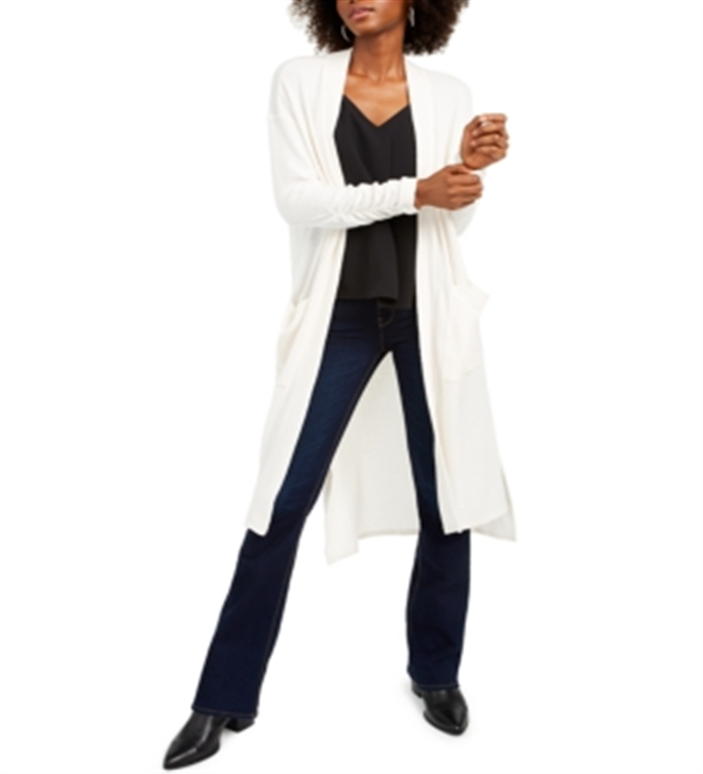 1.STATE Women's Waffle Knit Maxi Cardigan Sweater White