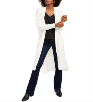 1.STATE Women's Waffle Knit Maxi Cardigan Sweater White