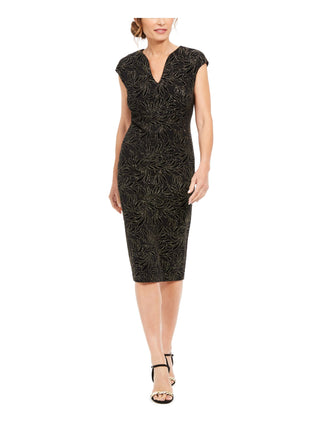 Connected Women's Embellished Zippered Printed Cap Sleeve V Neck Below the Knee Body Con Cocktail Dress Yellow Size 12