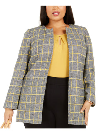 Kasper Women's Plus Open Front Plaid Jacket Yellow Size 14W