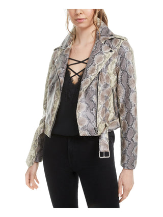 Bar III Women's Faux Leather Animal Print Zip up Jacket Blue Size Large