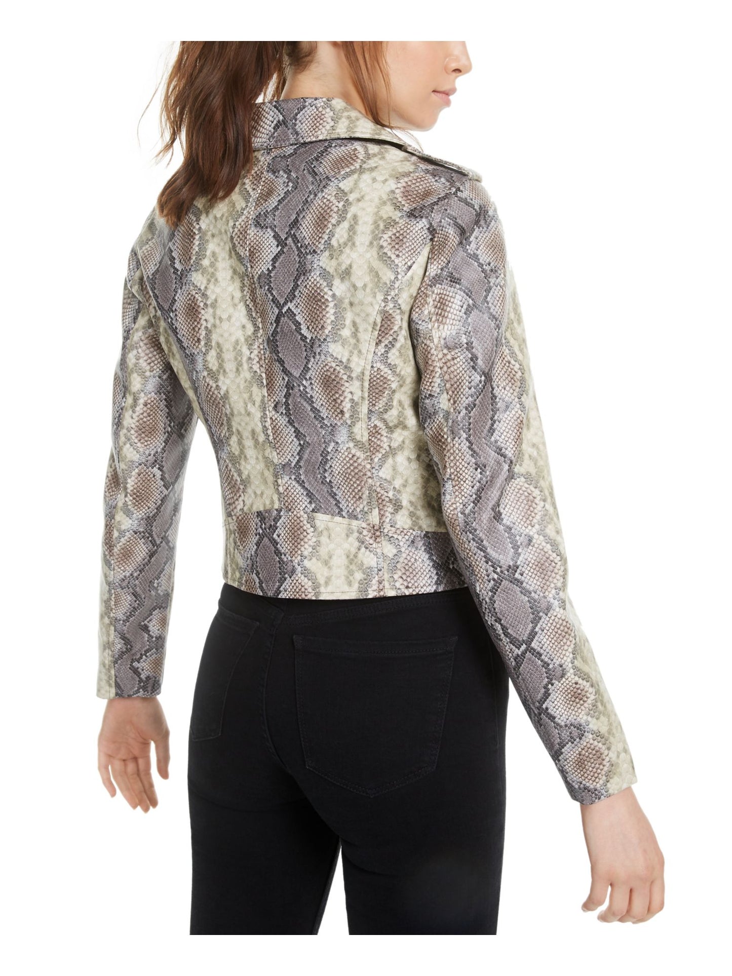 Bar III Women's Faux Leather Animal Print Zip up Jacket Blue Size Large