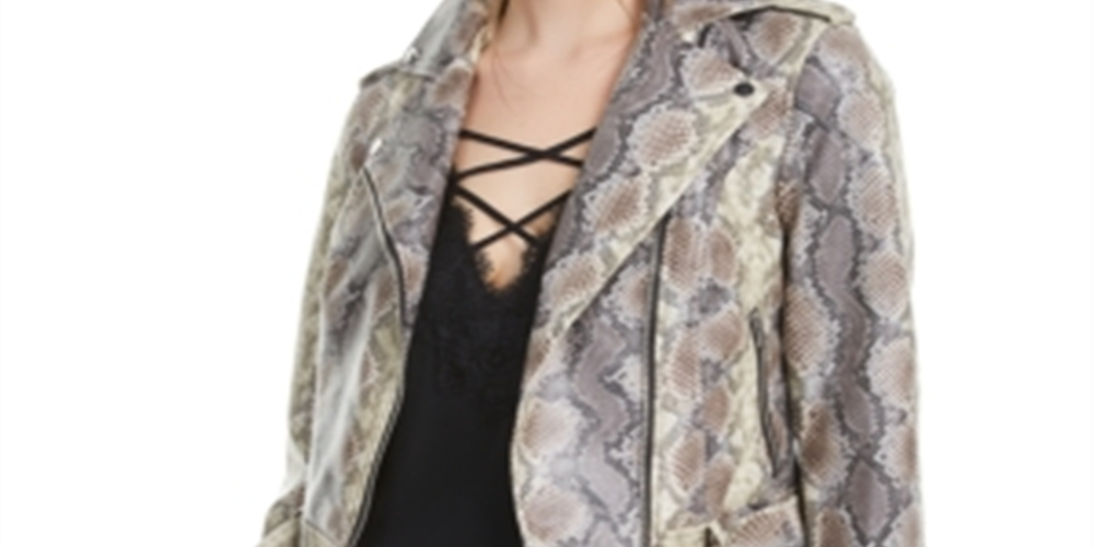 Bar III Women's Faux Leather Animal Print Zip up Jacket Blue Size Large