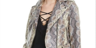 Bar III Women's Faux Leather Animal Print Zip up Jacket Blue Size Large
