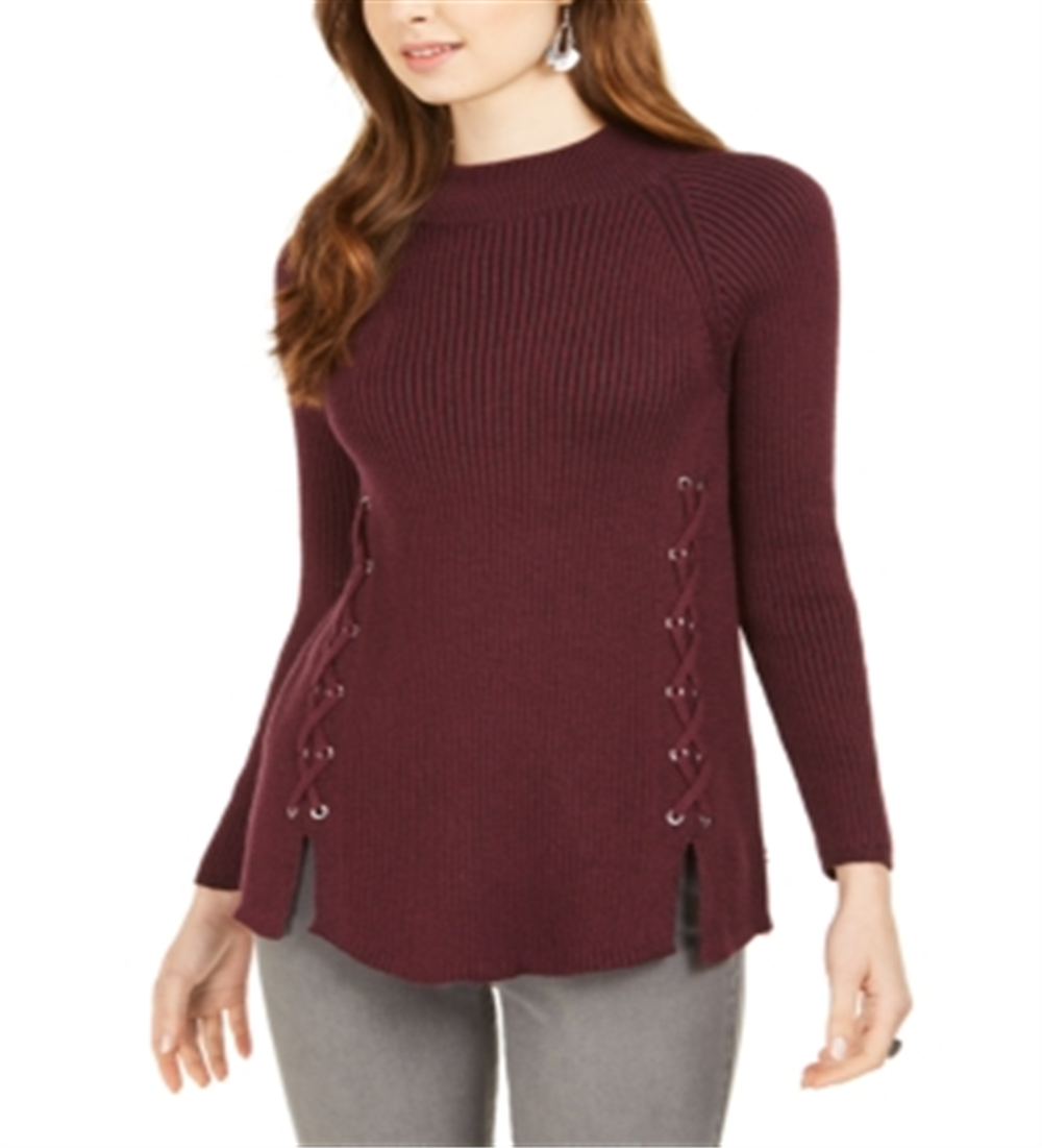 Style & Co Women's Mock Neck Lace up Ribbed Knit Sweater Purple Size XL