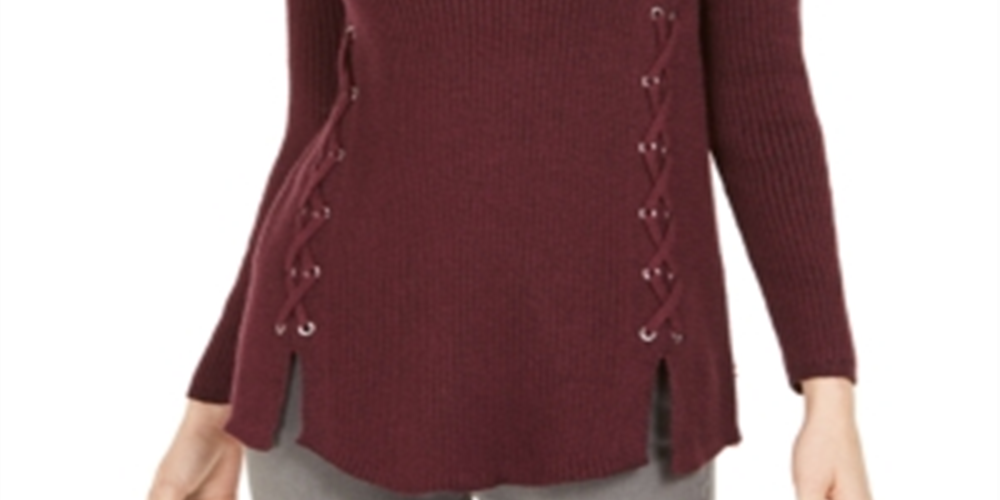 Style & Co Women's Mock Neck Lace up Ribbed Knit Sweater Purple Size XL