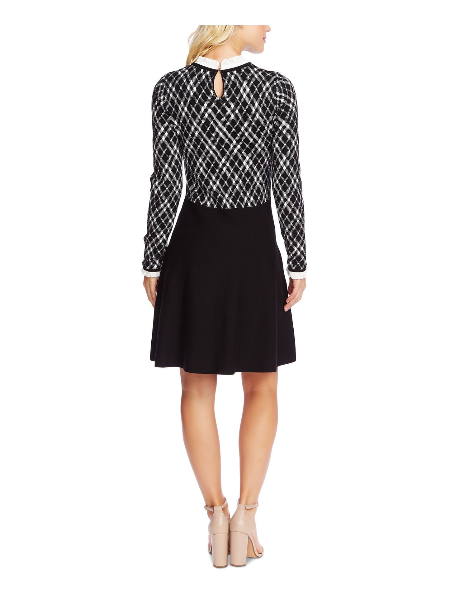 CeCe Women's Ruffled Collar Jacquard Fit & Flare Sweater Dress Black Size S