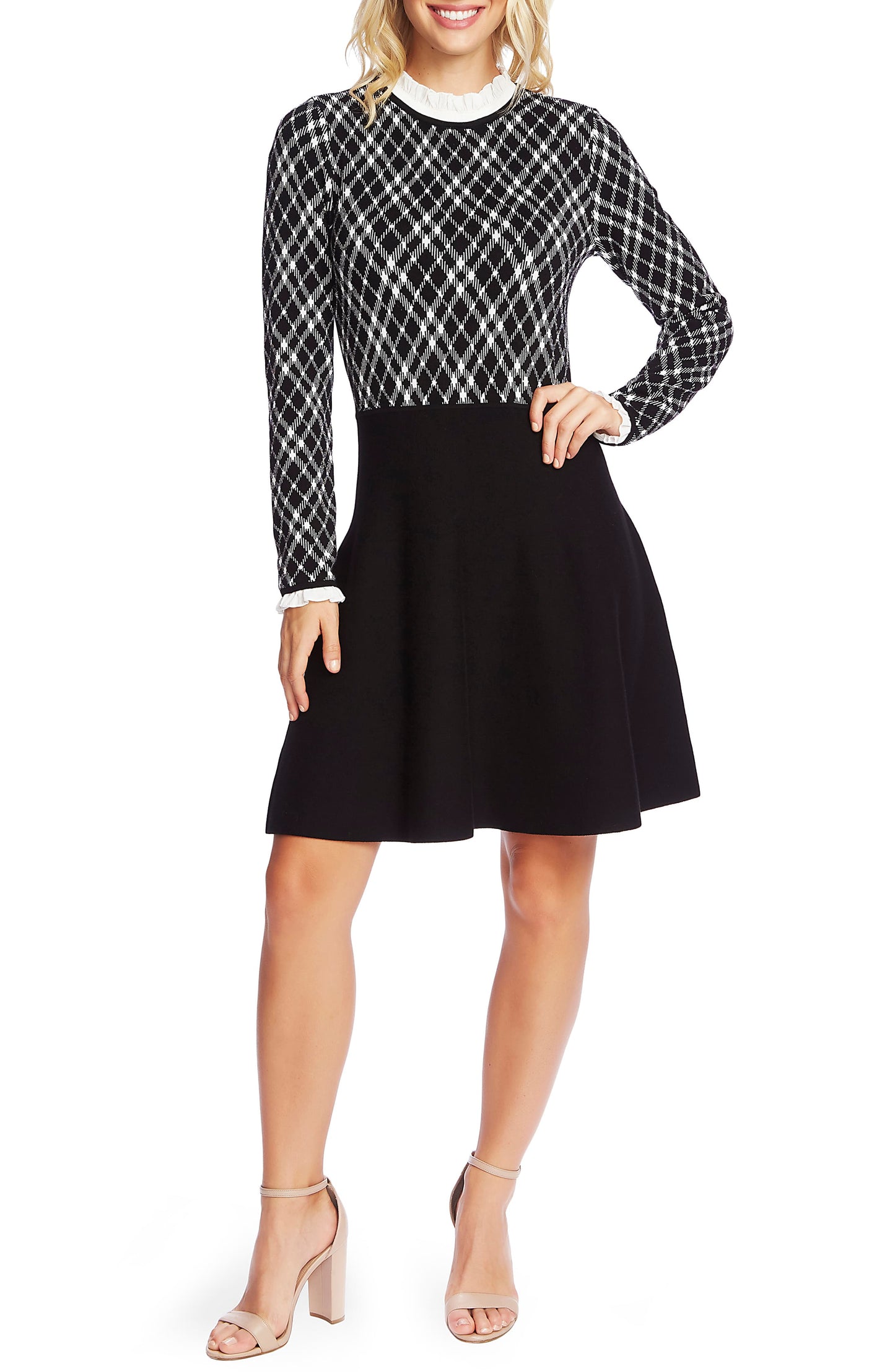 CeCe Women's Ruffled Collar Jacquard Fit & Flare Sweater Dress Black Size S