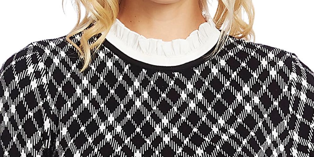 CeCe Women's Ruffled Collar Jacquard Fit & Flare Sweater Dress Black Size S