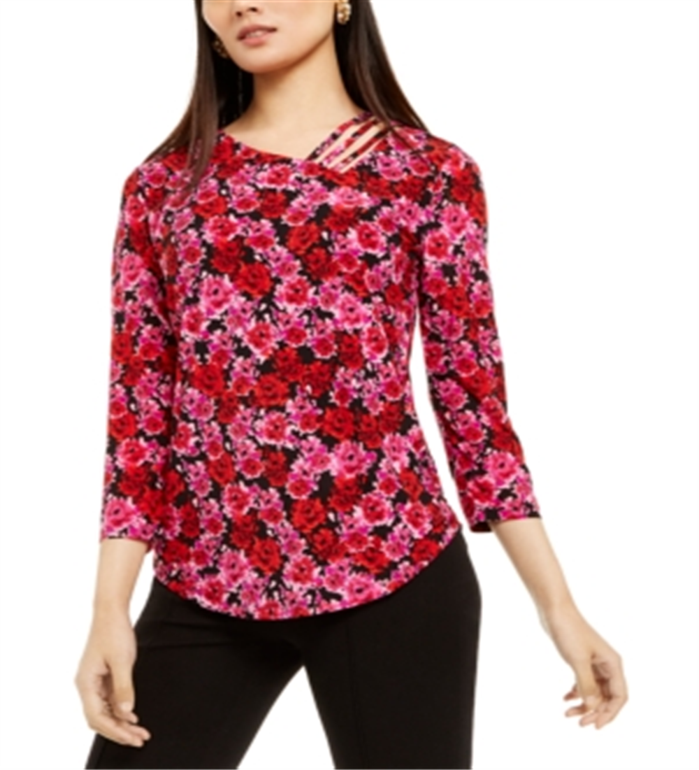 INC International Concepts Women's Strappy Floral Print Top Black Size X-Small