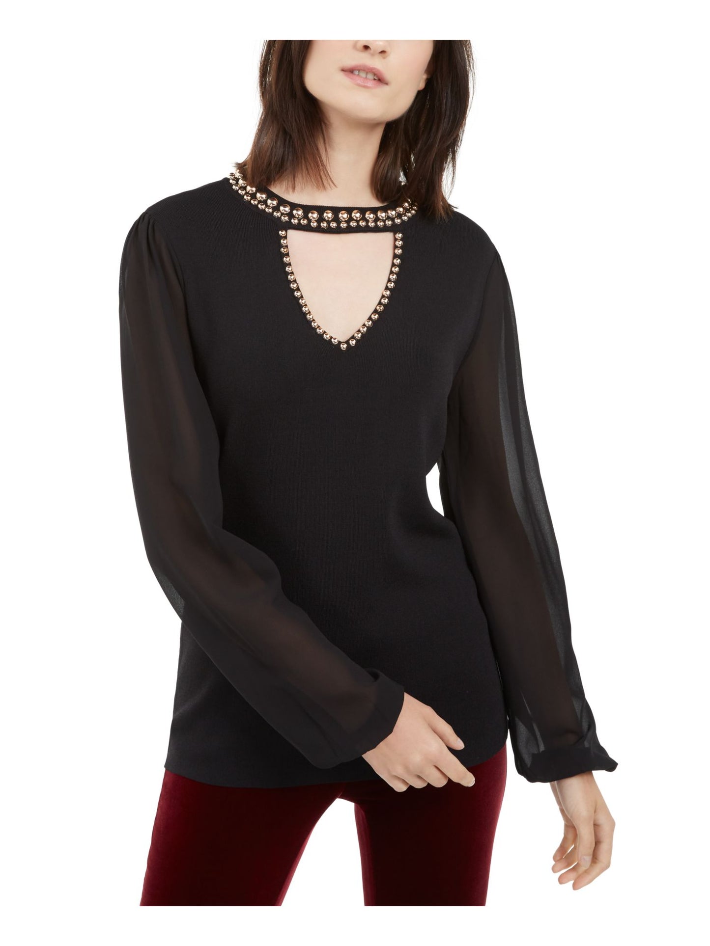 INC International Concepts Women's Studded Keyhole Sweater Black Size M
