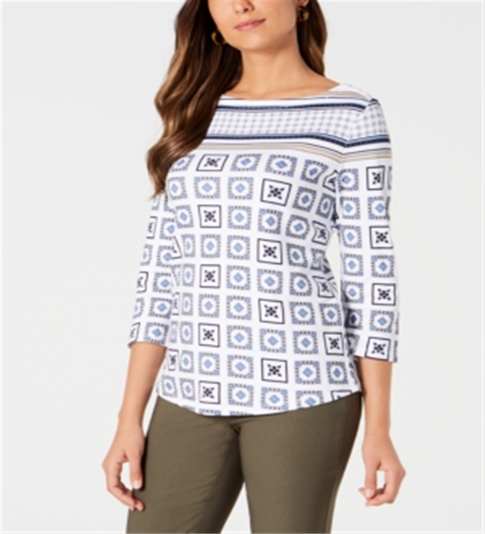 Charter Club Women's 3/4 Sleeve Printed Top White Size Petite XL