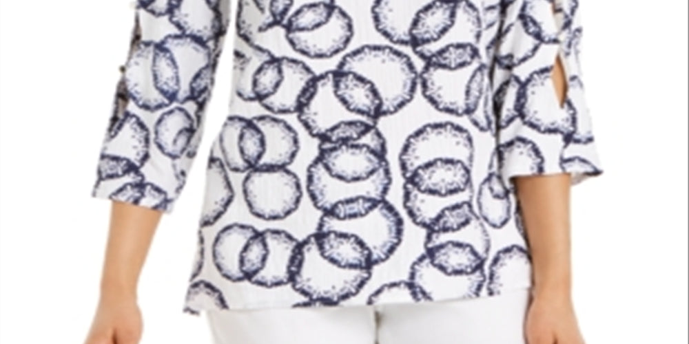 JM Collection Women's Amalfi Printed Split Sleeve Top White Size Large