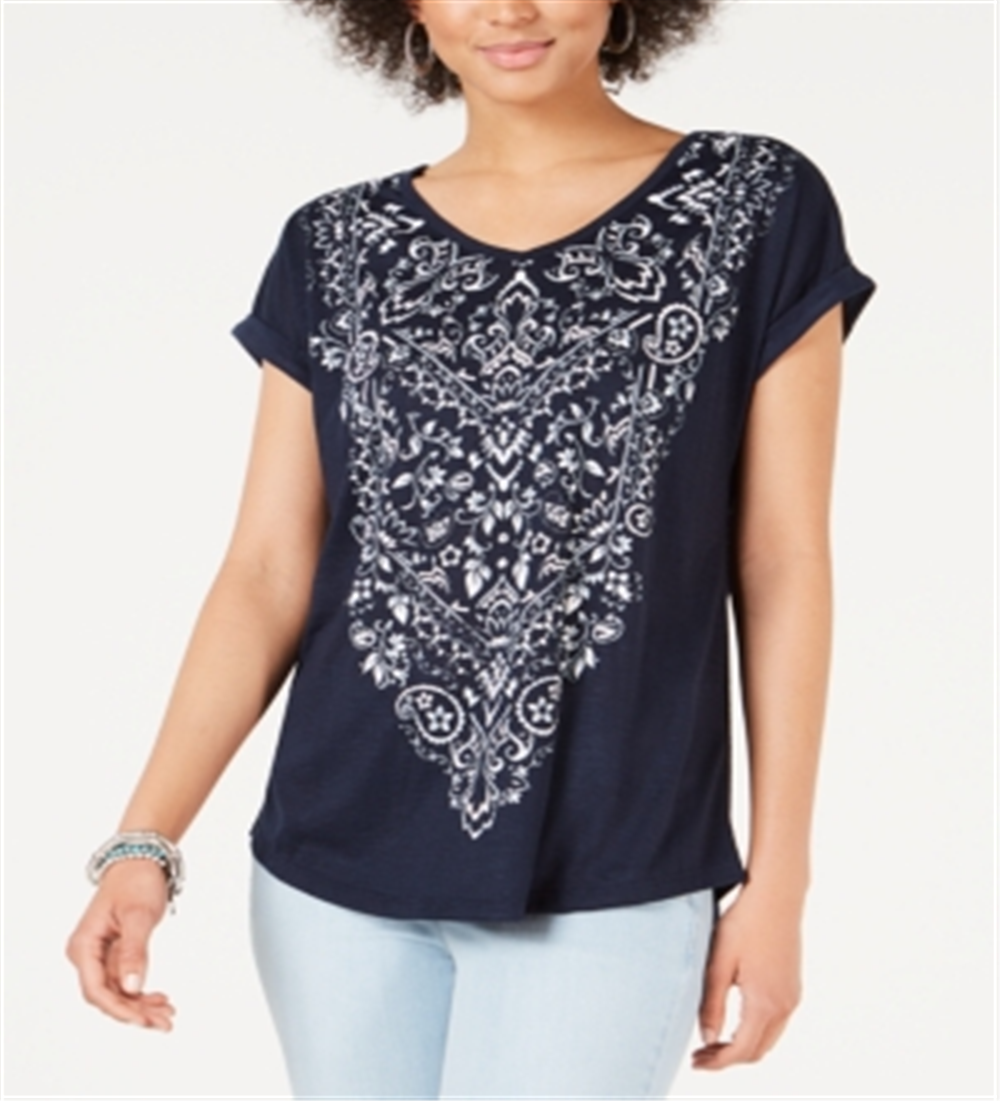 Style & Co Women's Printed V Neck T-Shirt Blue Size Petite S