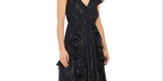 INC International Concepts Women's Ruffled Metallic Sleeveless V Neck MIDI Evening Sheath Dress Blue Size X-Large