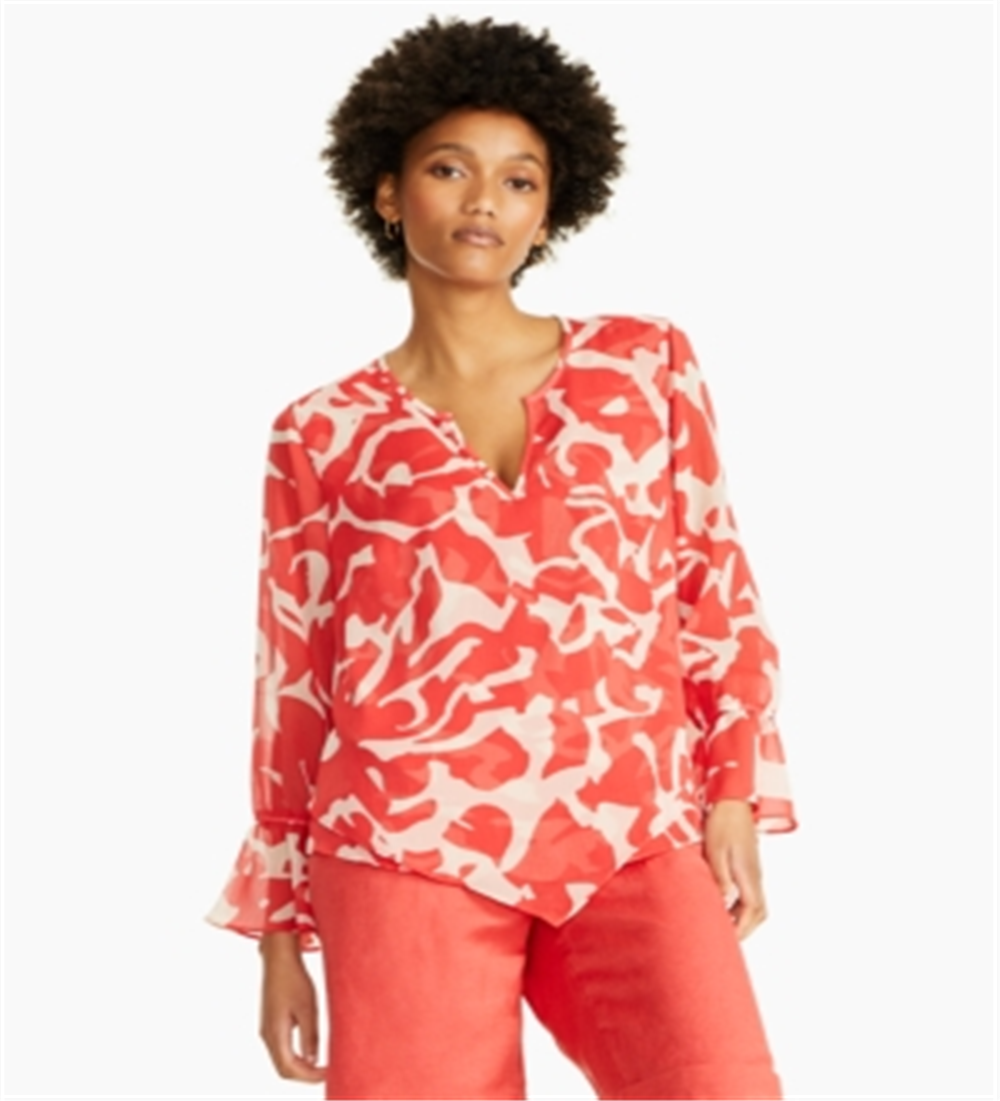 Alfani Women's Sheer Patterned Long Sleeve V Neck Tunic Top Red Size Medium