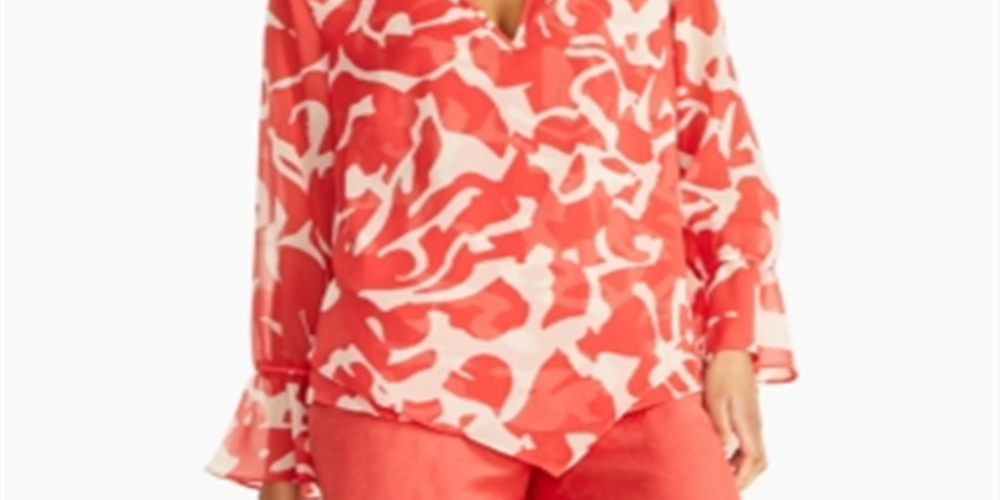 Alfani Women's Sheer Patterned Long Sleeve V Neck Tunic Top Red Size Medium