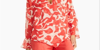 Alfani Women's Sheer Patterned Long Sleeve V Neck Tunic Top Red Size Medium