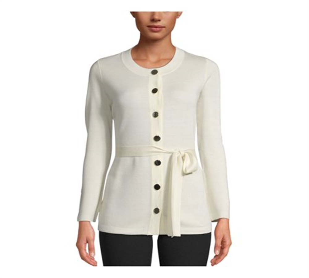 Anne Klein Women's Belted Long Sleeve Open Cardigan Sweater White Size X-Small