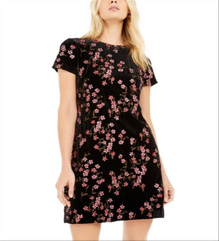 Calvin Klein Women's Embroidered Floral Short Sleeve Jewel Neck Short Sheath Party Dress Black Size 8