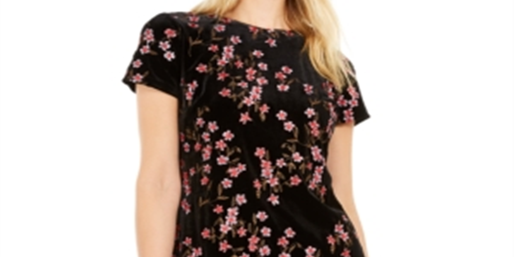 Calvin Klein Women's Embroidered Floral Short Sleeve Jewel Neck Short Sheath Party Dress Black Size 8