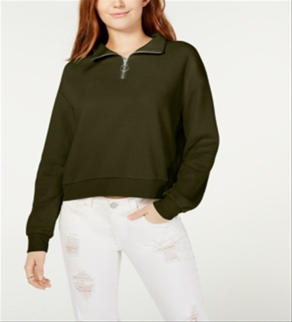 Crave Fame Junior's Waffle Knit Quarter Zip Top Green Size Medium