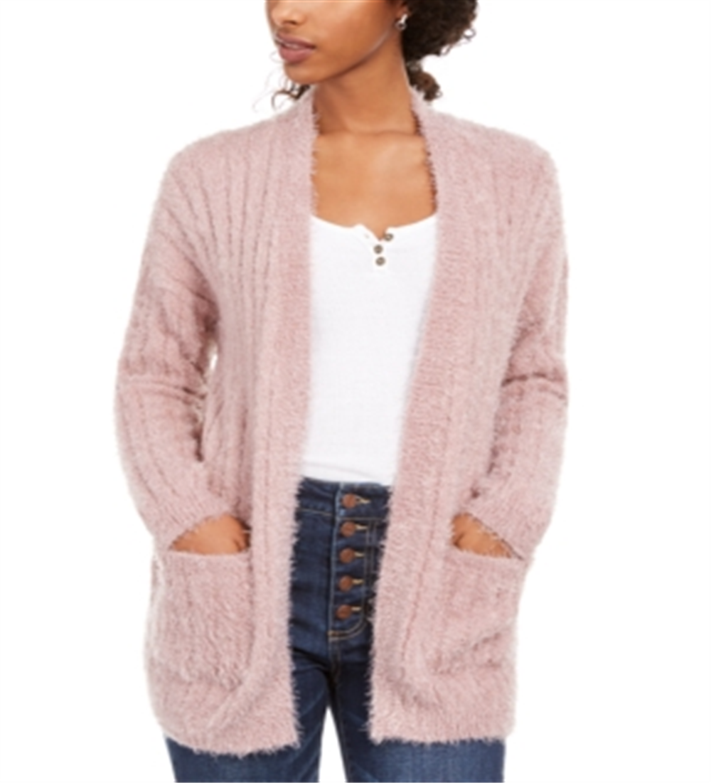 Hippie Rose Juniors' Fuzzy Rib-Knit Cardigan Faded Mauve Pink Size Medium
