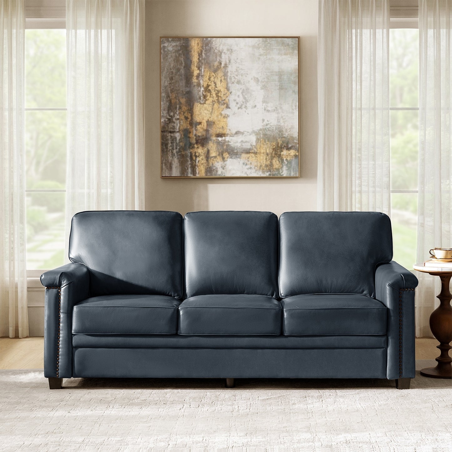 Rita Transitional Living Room 3Seat Genuine Leather Nailhead Sofa with Solid Wood Legs and Removable Cushions
