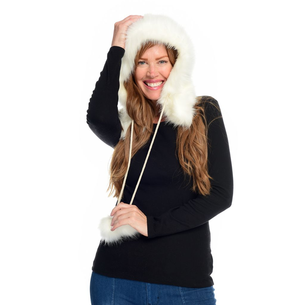 Laundry by Design Faux Fur Trimmed Hood w/ Pom Pom Ties