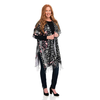 JC Sunny Printed Brushed Woven Acrylic Fringe Detailed Ruana Wrap