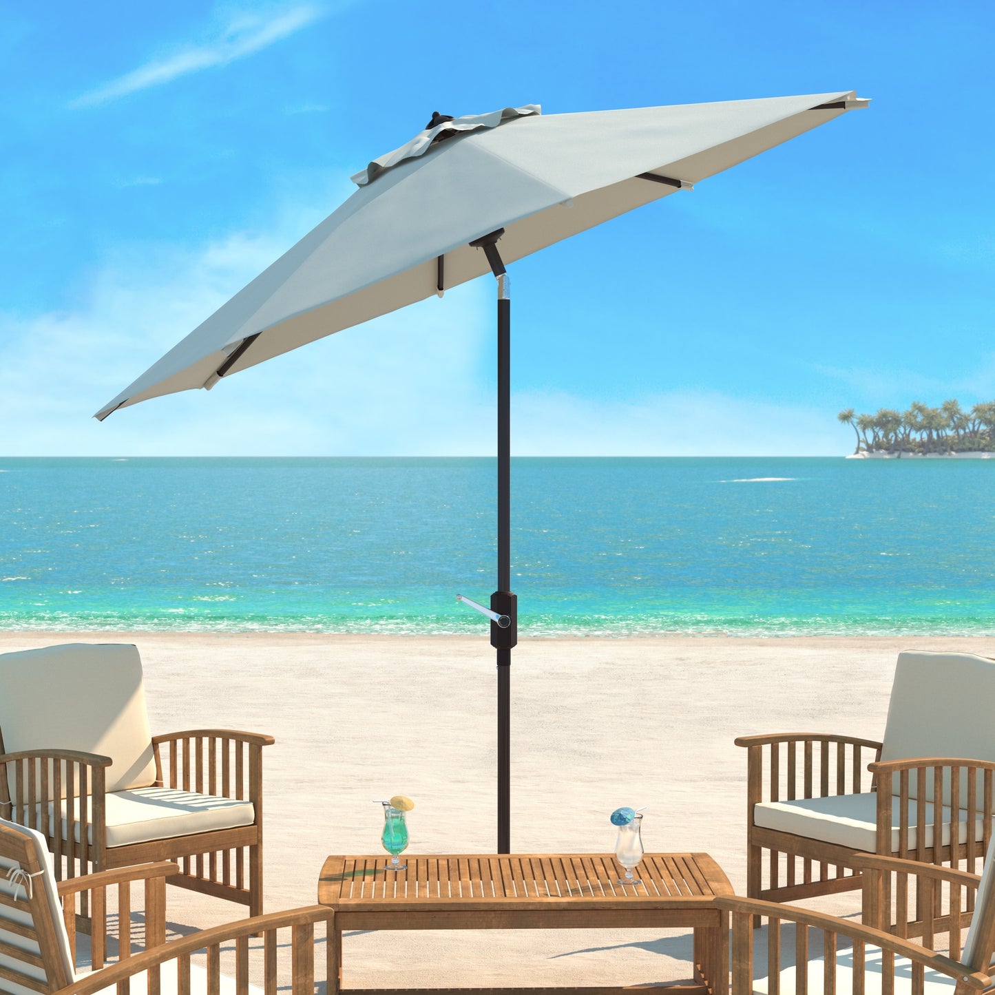 SAFAVIEH Ortega 9ft Round Outdoor Patio Umbrella  UV Resistant with Auto Crank Tilt