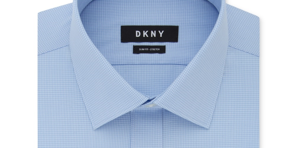 DKNY Men's Slim Fit Stretch Mini Check Dress Shirt Blue Size 15.5X34-35