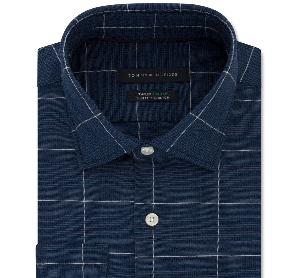 Tommy Hilfiger Men's Slim-Fit Non-Iron Thflex Stretch Windowpane Check Dress Shirt Bright Blue Size 34-35