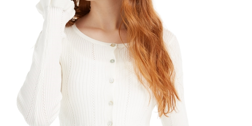 Ultra Flirt Junior's Ruffle Pointelle Knit Button Front Sweater White Size Small