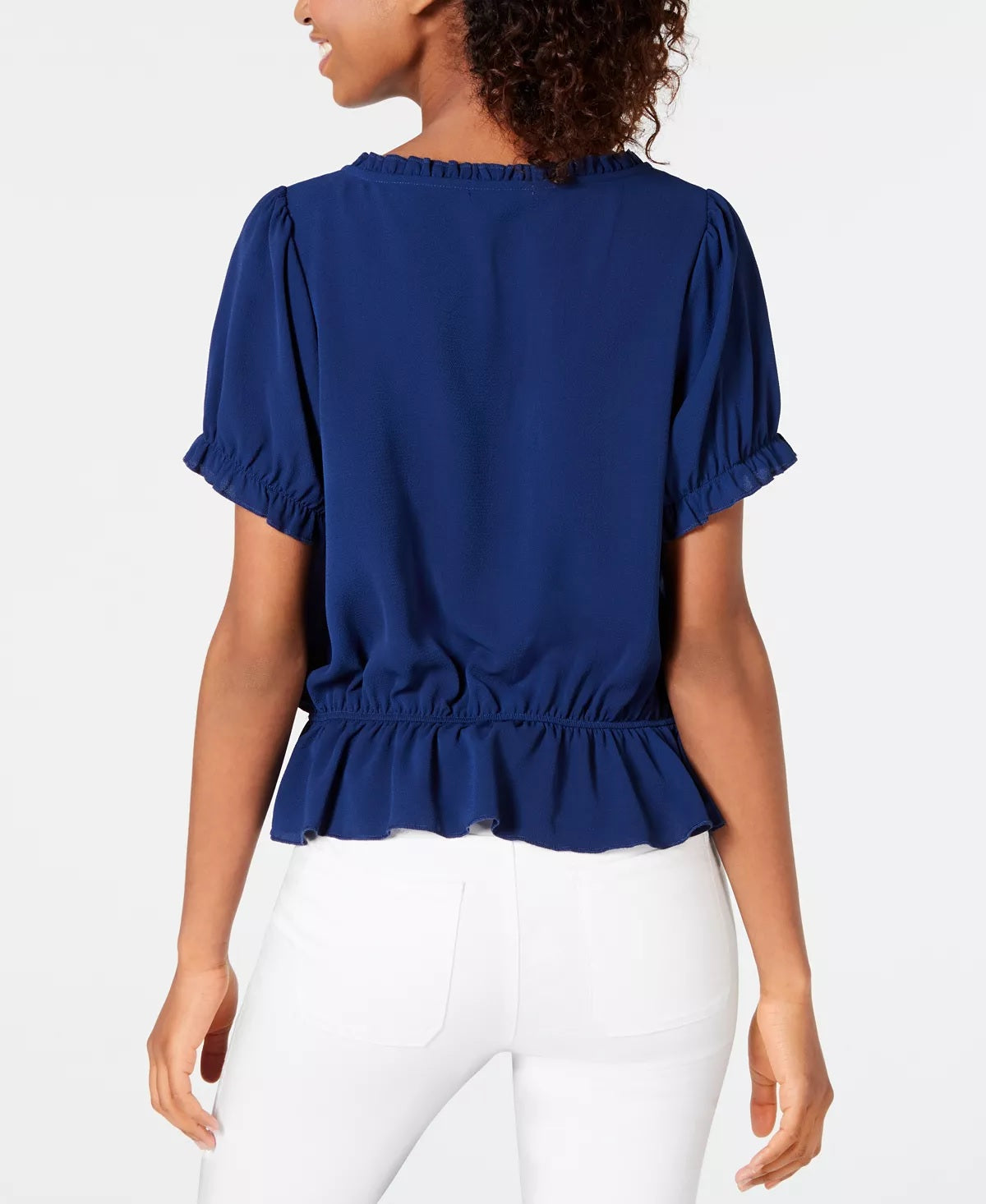 Ultra Flirt Women's Ruffled Tie Front Short Sleeve Keyhole Blouse Top Blue Size Small